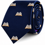 The Book Skinny Tie, a rolled-up navy blue necktie featuring a repeated embroidered open book pattern, is the perfect literary gift for avid readers.