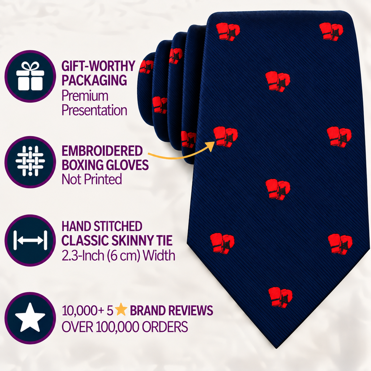 Introducing the Boxing Skinny Tie in navy blue, adorned with red embroidered boxing gloves. This tie features hand-stitched details, comes in premium packaging, and boasts high customer ratings—making it an ideal gift for boxing fans.
