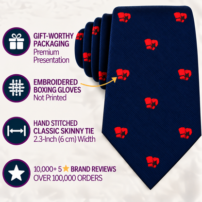 Introducing the Boxing Skinny Tie in navy blue, adorned with red embroidered boxing gloves. This tie features hand-stitched details, comes in premium packaging, and boasts high customer ratings—making it an ideal gift for boxing fans.