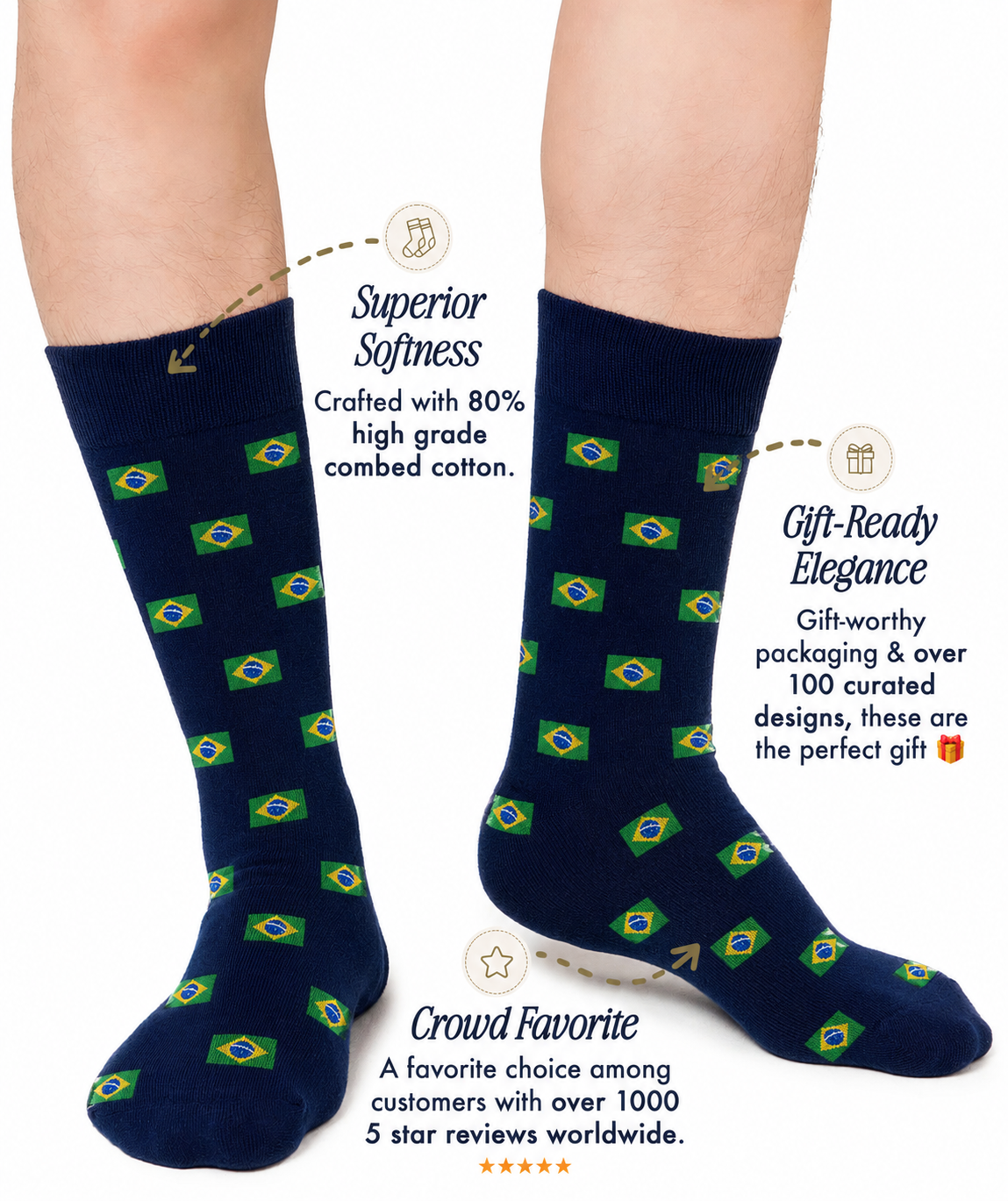 Someone wearing Brazil Flag Socks—navy blue with a repeating Brazilian flag pattern. The socks are soft, come in gift packaging, and are popular with customers.