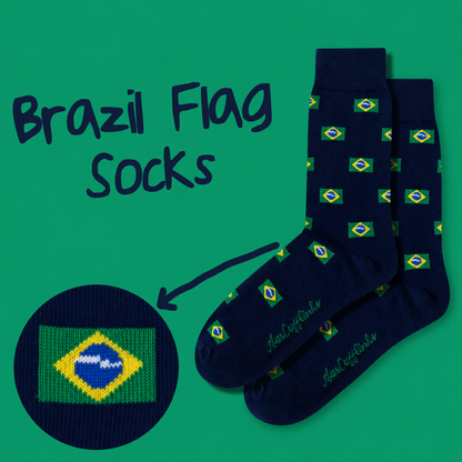 Show your Brazilian pride with Brazil Flag Socks—navy blue socks decorated with repeating Brazil flags and bold green "Brazil Flag Socks" text on a vibrant green background.