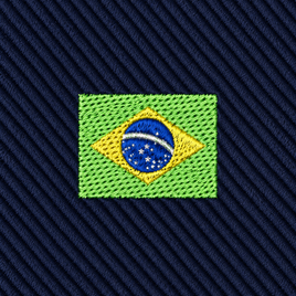 Embroidered patch of the Brazil flag on dark blue diagonal fabric background, featuring green, yellow, blue, and white thread details—perfect for adding a touch of Brazilian pride to the Brazil Flag Skinny Tie.