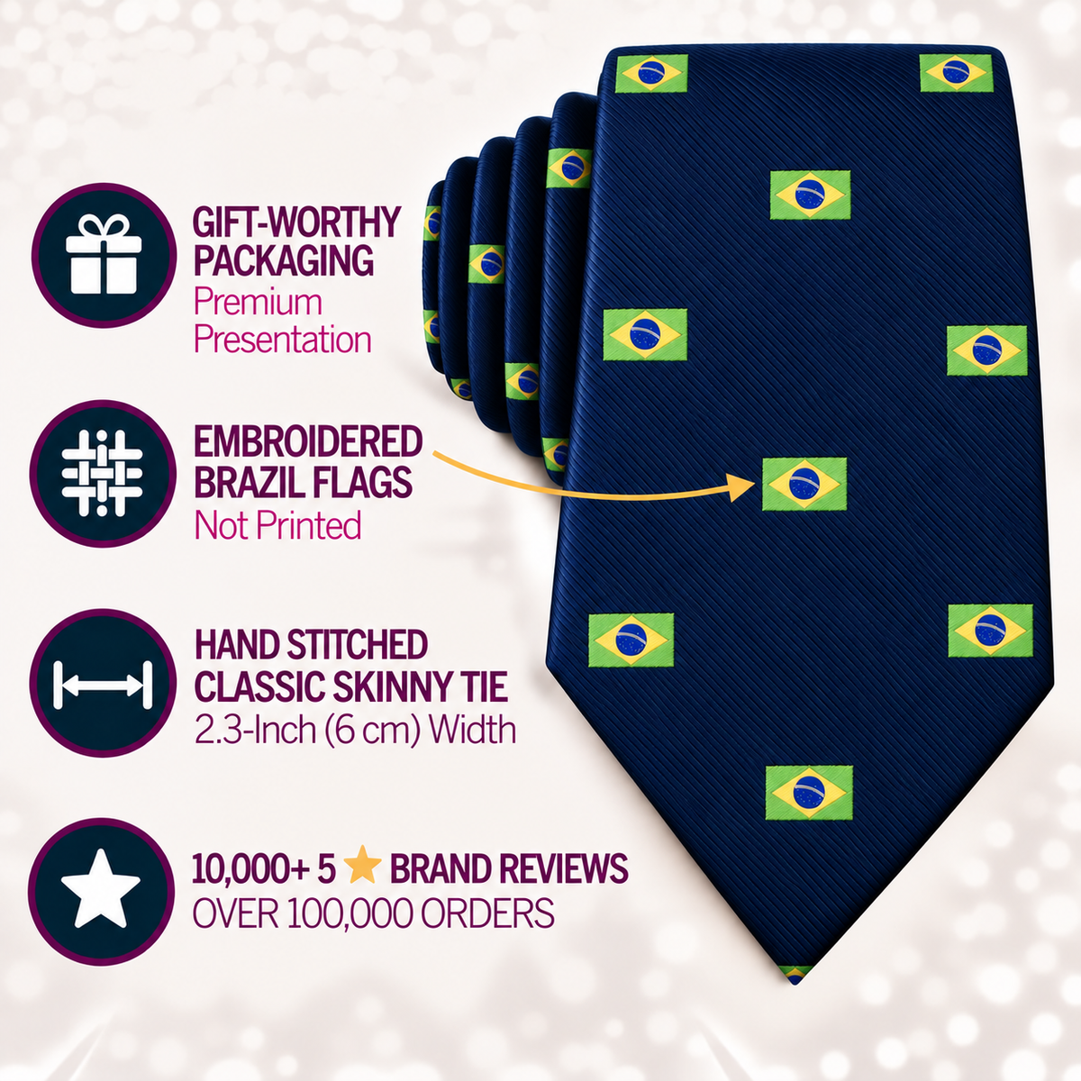 Introducing the Brazil Flag Skinny Tie: a navy blue men’s tie featuring beautifully embroidered Brazil flags. Displayed with icons for gift packaging, detailed embroidery, expert hand stitching, and boasting over 10,000 five-star reviews. Celebrate your style and showcase your Brazilian pride with this standout accessory.