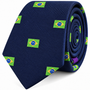 A Brazil Flag Skinny Tie in navy blue for men, featuring a repeating pattern of small Brazilian flags, rolled up with the tip facing forward.