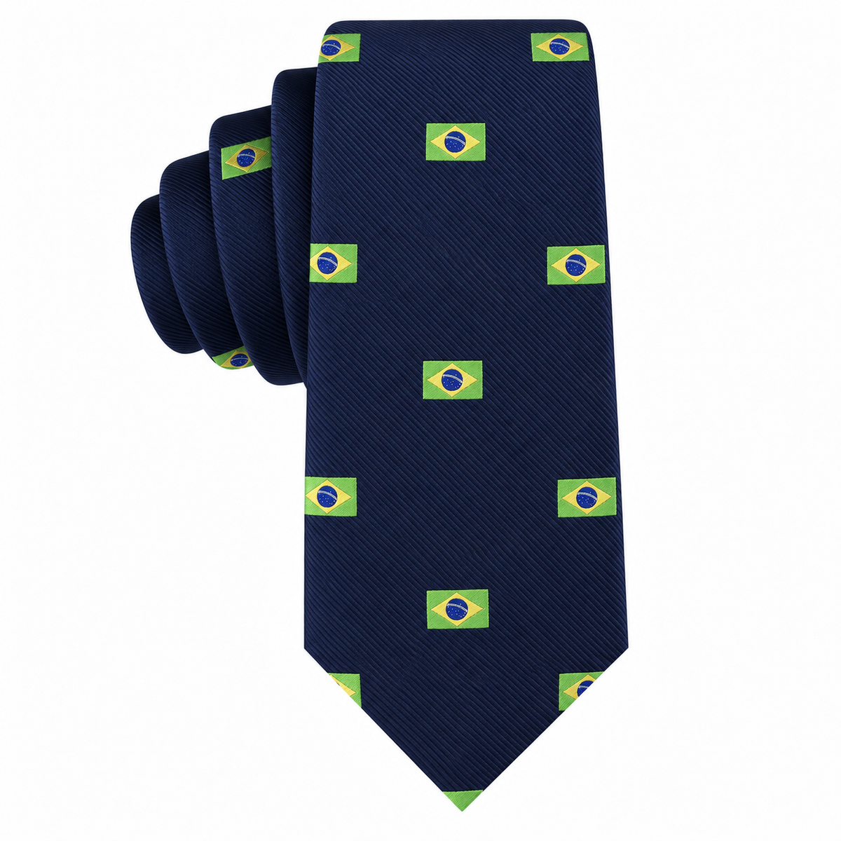 Showcase your Brazilian pride with subtle elegance in the Brazil Flag Skinny Tie—a dark blue men’s necktie featuring a repeating pattern of small Brazilian flags evenly spaced across the fabric.