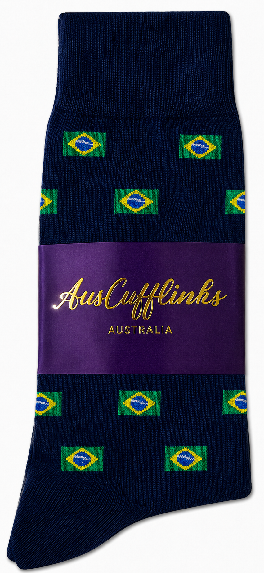 Brazil Flag Socks in navy blue with a pattern of Brazilian flags, packaged with a purple AusCufflinks Australia label.