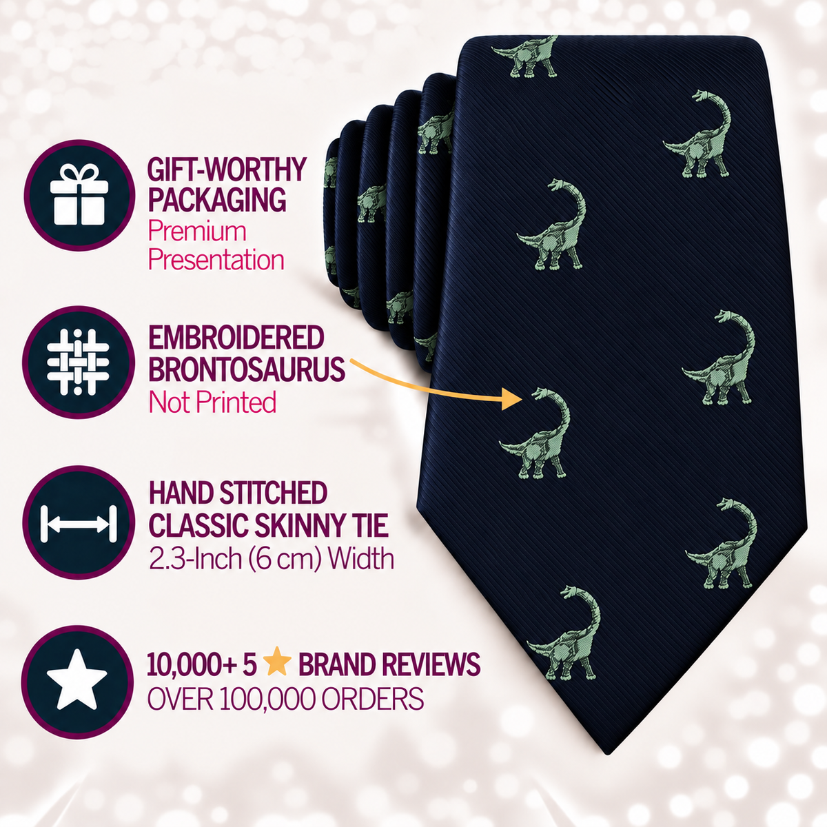 Brontosaurus Skinny Tie in navy blue, featuring a green embroidered brontosaurus pattern—perfect for adding a playful touch to your outfit. This novelty dinosaur necktie is highlighted with icons showcasing its stylish packaging, detailed embroidery, modern skinny width, and positive customer reviews.