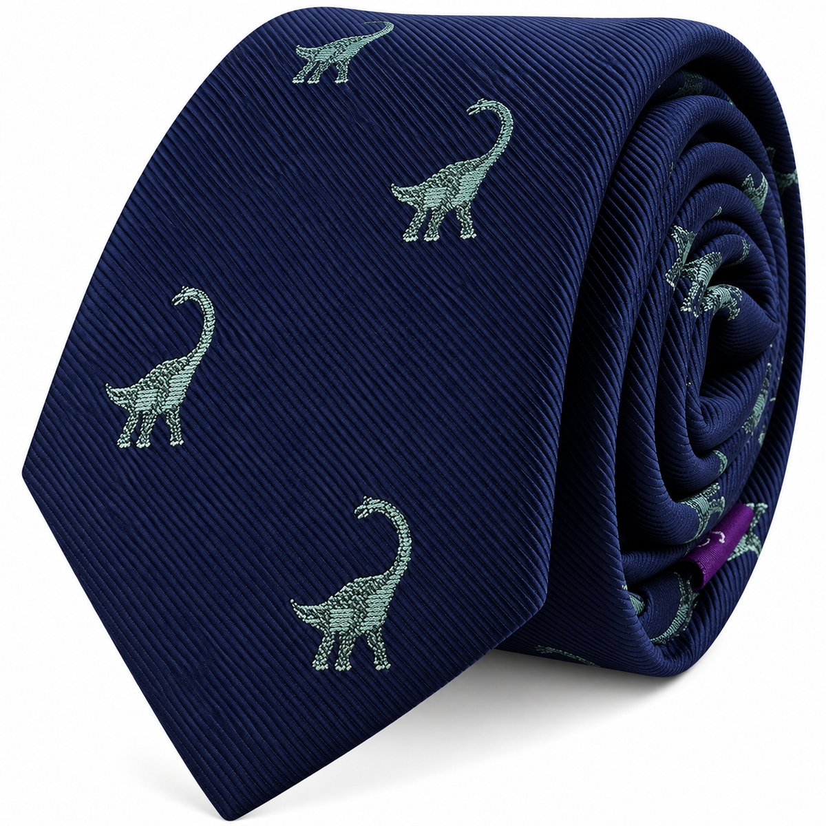 Brontosaurus Skinny Tie—a navy blue necktie adorned with small green brontosaurus patterns throughout the fabric, offering a playful novelty design that adds charm and personality to your attire.