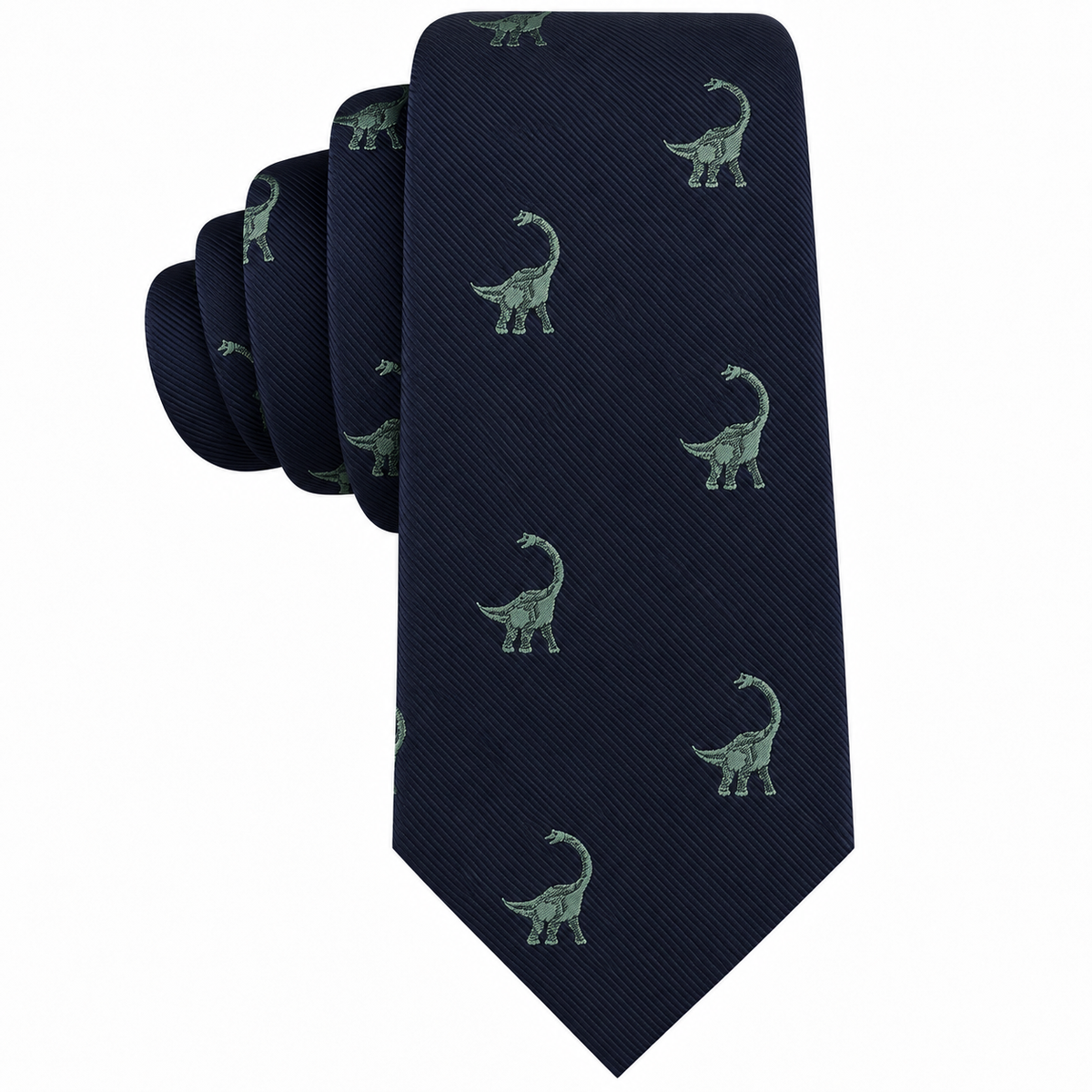 The Brontosaurus Skinny Tie is a navy blue novelty necktie adorned with a repeating pattern of small green brontosaurus dinosaurs.