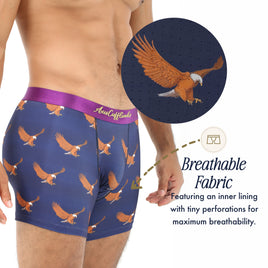A man wears Flying Eagle Underwear—blue boxers with an eagle print and a purple waistband, perfect for wildlife fans. An inset shows small perforations in the moisture-wicking fabric, emphasizing their breathable inner lining.