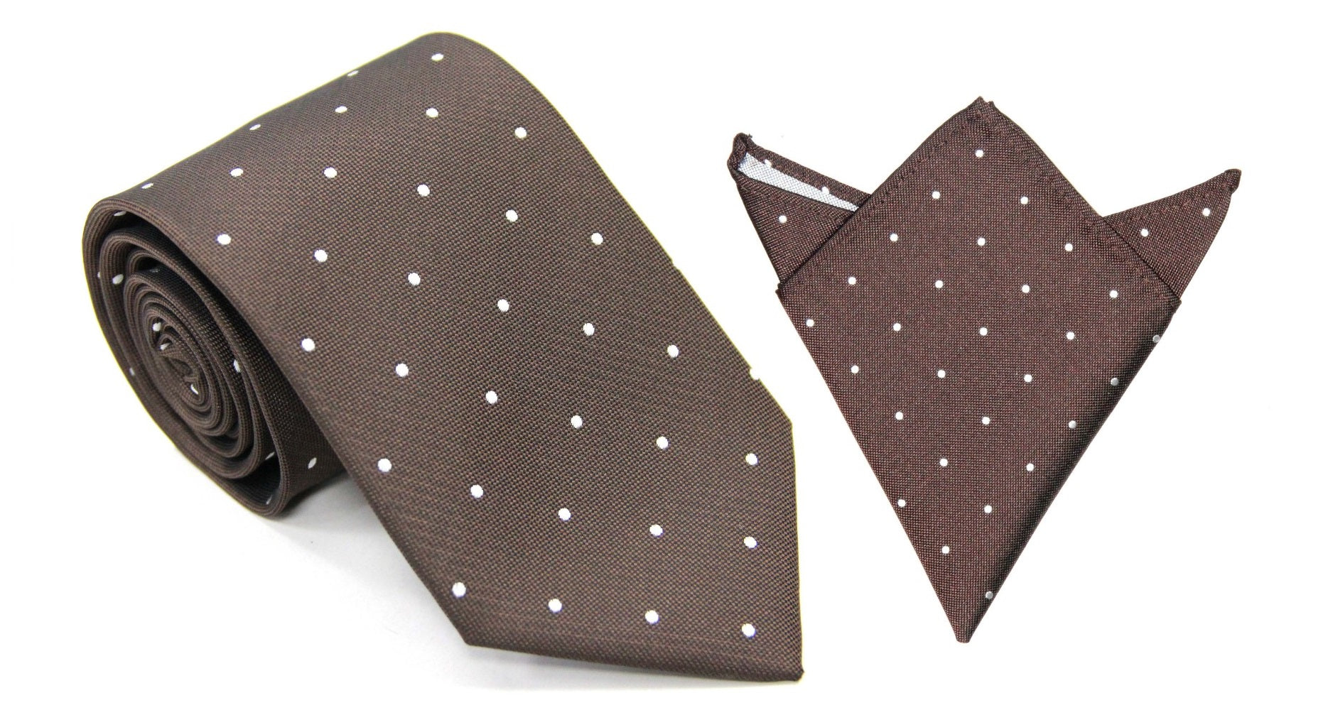 A playful Brown White Polka Dot Business Tie & Pocket Square Set in brown and white.