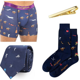 The Melbourne Race Horse Bundle features men’s boxer briefs, socks, and a tie with sporty and guitar motifs plus a gold tie clip—presented on a white background, making it the ideal unique gift for the Melbourne Cup or horse racing events.