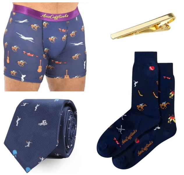 The Melbourne Race Horse Bundle features men’s boxer briefs, socks, and a tie with sporty and guitar motifs plus a gold tie clip—presented on a white background, making it the ideal unique gift for the Melbourne Cup or horse racing events.