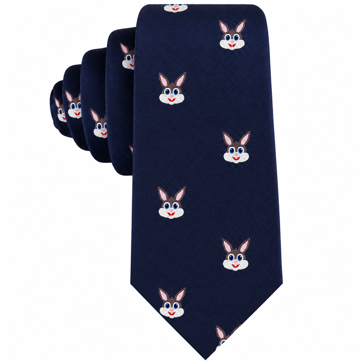 The Bunny Skinny Tie is a navy blue novelty skinny tie adorned with a repeating pattern of cartoon rabbit faces featuring pink ears and cheerful expressions, making it the perfect playful accessory to add a touch of fun to any outfit.