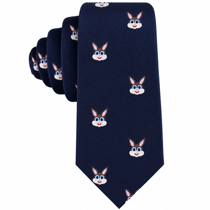 The Bunny Skinny Tie is a navy blue novelty skinny tie adorned with a repeating pattern of cartoon rabbit faces featuring pink ears and cheerful expressions, making it the perfect playful accessory to add a touch of fun to any outfit.
