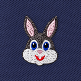 The Bunny Skinny Tie features an embroidered cartoon rabbit face with blue and brown eyes, gray and white fur, and pink inner ears on a dark blue fabric background—perfect for adding playful charm to any animal print or novelty tie collection.
