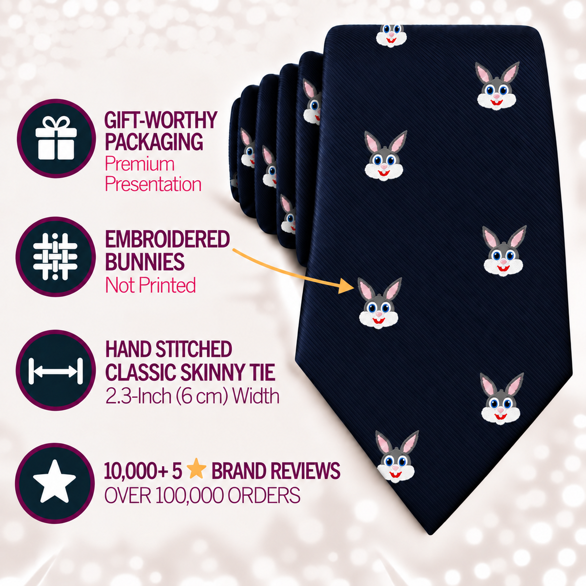 The Bunny Skinny Tie in navy blue features embroidered bunny faces and is showcased with icons and text highlighting its premium packaging, hand stitching, 2.3-inch width, and more than 10,000 five-star reviews.