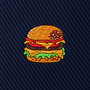 Add a playful touch to your wardrobe with the Burger Skinny Tie, featuring an embroidered patch of a cheeseburger with lettuce, tomato, cheese, and a sesame seed bun on dark blue textured fabric—a perfect foodie gift or quirky accent for any burger lover.