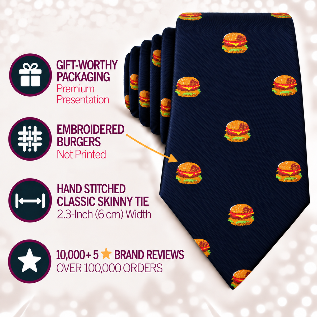 Burger Skinny Tie in navy blue features an embroidered burger pattern and is shown with its packaging. This burger-themed skinny tie is the ideal gift for foodies. The accompanying infographic showcases the tie’s unique packaging, detailed embroidery, quality stitching, and positive brand reviews.