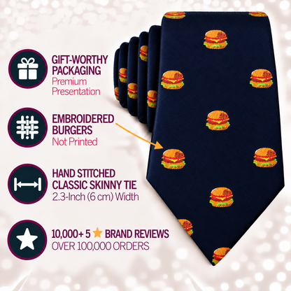 Burger Skinny Tie in navy blue features an embroidered burger pattern and is shown with its packaging. This burger-themed skinny tie is the ideal gift for foodies. The accompanying infographic showcases the tie’s unique packaging, detailed embroidery, quality stitching, and positive brand reviews.
