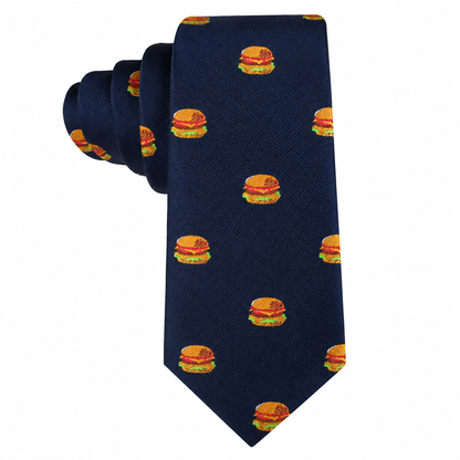 The Burger Skinny Tie is a navy blue necktie adorned with a repeating pattern of small, colorful hamburgers, making it the perfect fun foodie gift for burger enthusiasts with playful style.
