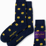 Burger Socks in dark blue with a playful burger pattern—ideal for any fast-food enthusiast. They come with a coordinating packaging band marked "AusCufflinks.