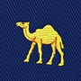 The Camel Skinny Tie features a yellow embroidered camel on a dark blue, diagonally-ribbed fabric background—an ideal playful detail for any animal-themed ensemble.