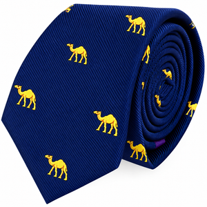 Camel Skinny Tie in blue, featuring a repeating pattern of small yellow camels and rolled up with the pointed end visible.