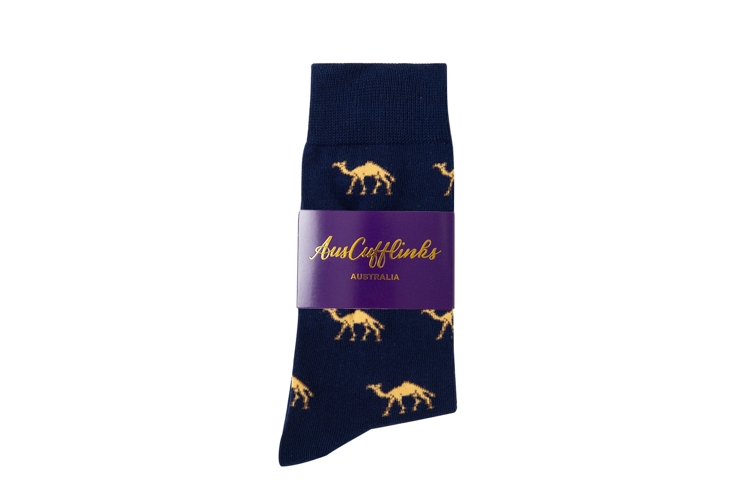 Camel Socks in navy blue with a repeating yellow camel pattern, packaged with a purple AusCufflinks Australia label—perfect as a unique gift for animal lovers.