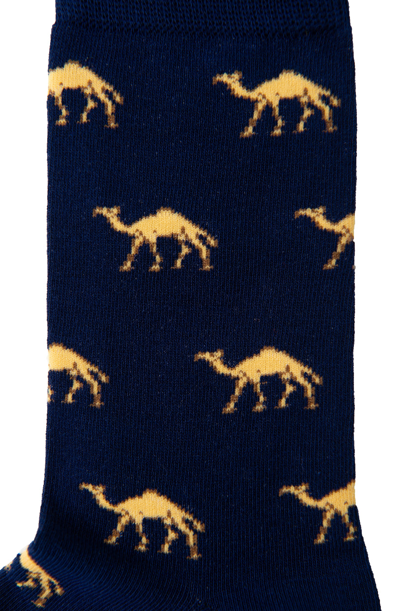 Camel Socks in navy blue with a playful yellow camel pattern—an ideal gift for animal lovers from AusCufflinks.