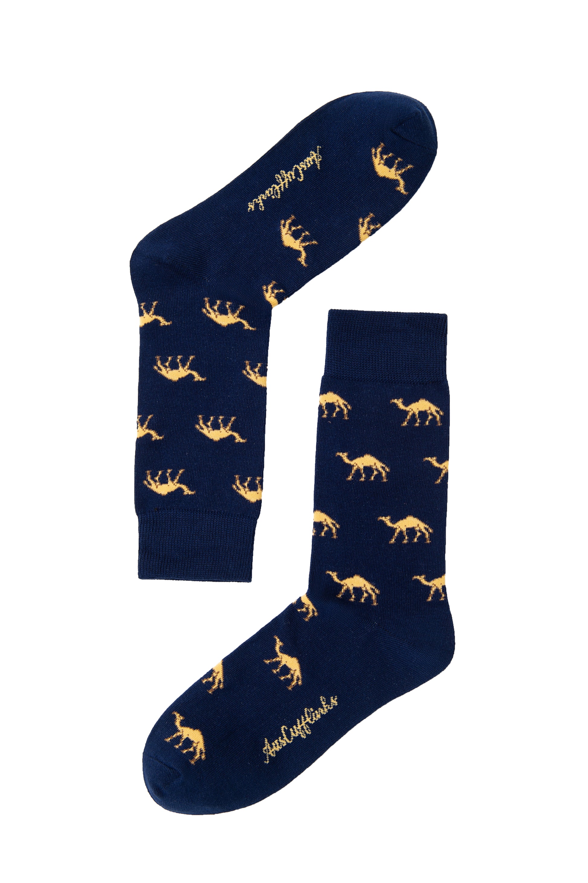 Camel Socks in navy blue with small yellow camel patterns and "Australian Made" embroidered near the toes—a perfect gift for animal lovers from AusCufflinks.