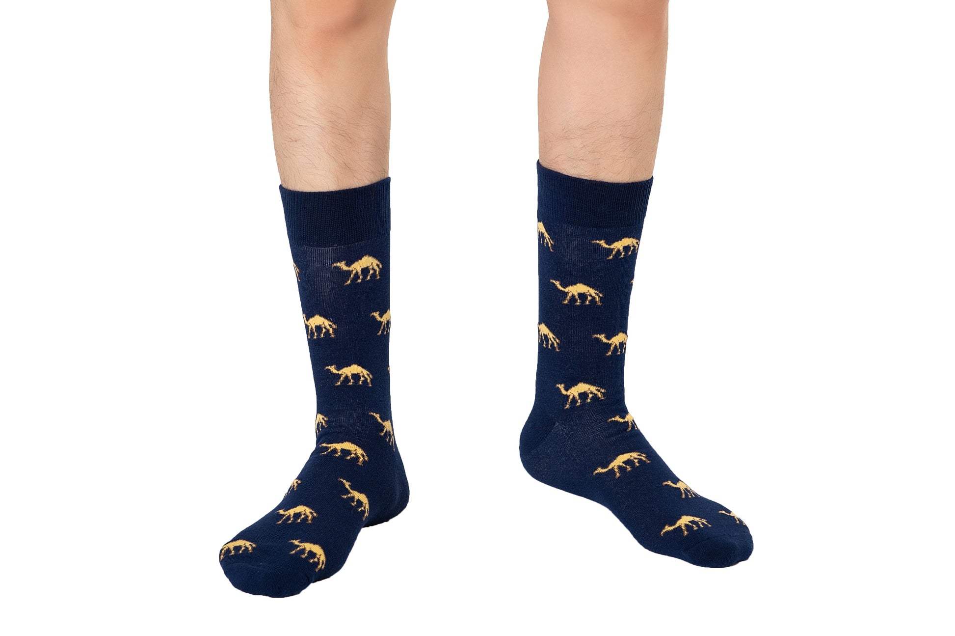 A pair of legs in Camel Socks featuring a yellow dinosaur pattern on navy blue, set against a white background—a perfect animal lover gift from AusCufflinks.