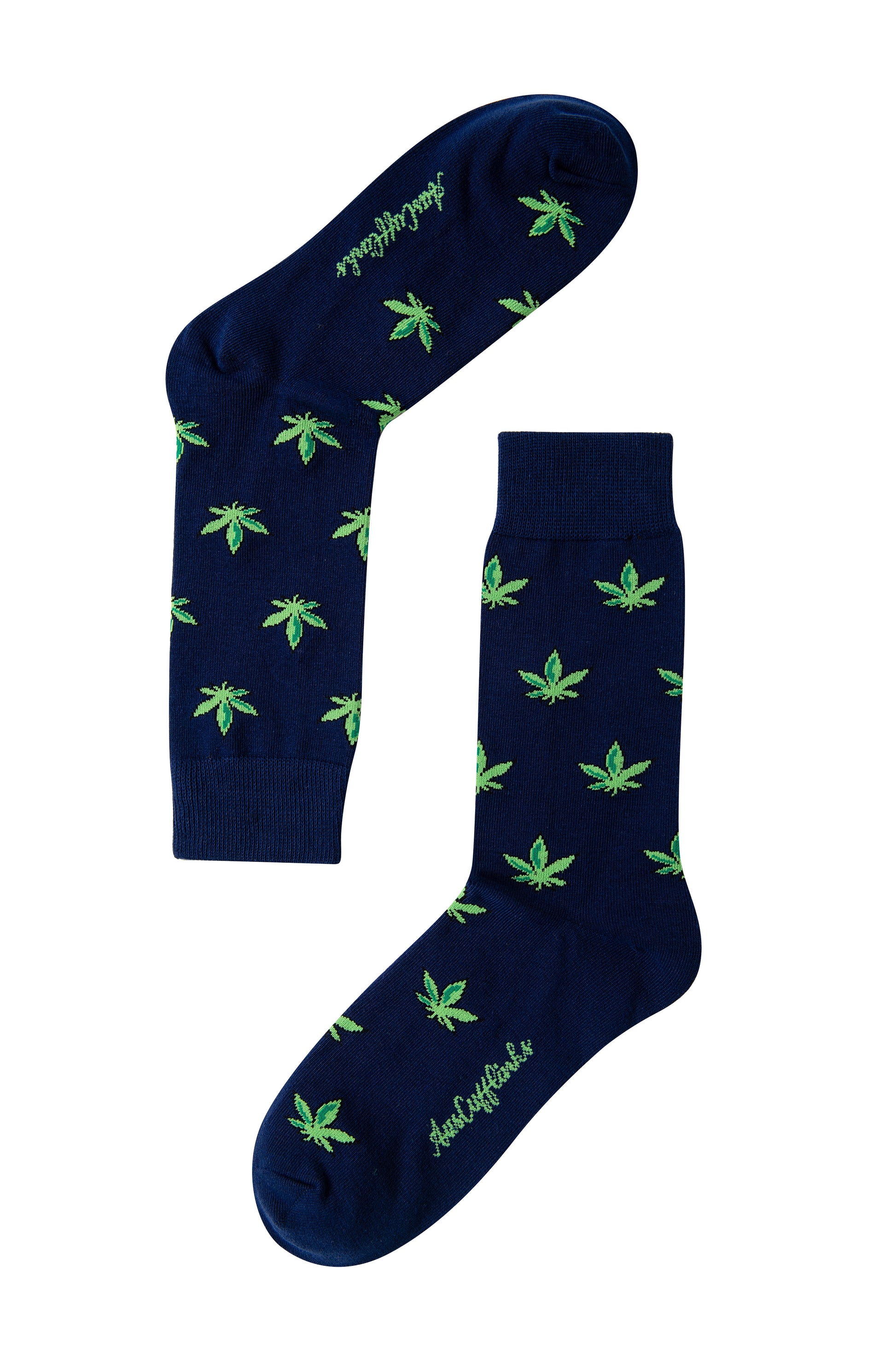 Weed Socks: Navy blue socks featuring green cannabis leaf patterns, "Just Kush It" text on the sole, and bold racing car graphics—ideal for motorsport fans.