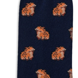 Capybara Socks in navy blue feature a playful repeating pattern of small orange and brown capybara illustrations—perfect for adding fun Aussie-inspired flair to your wardrobe.
