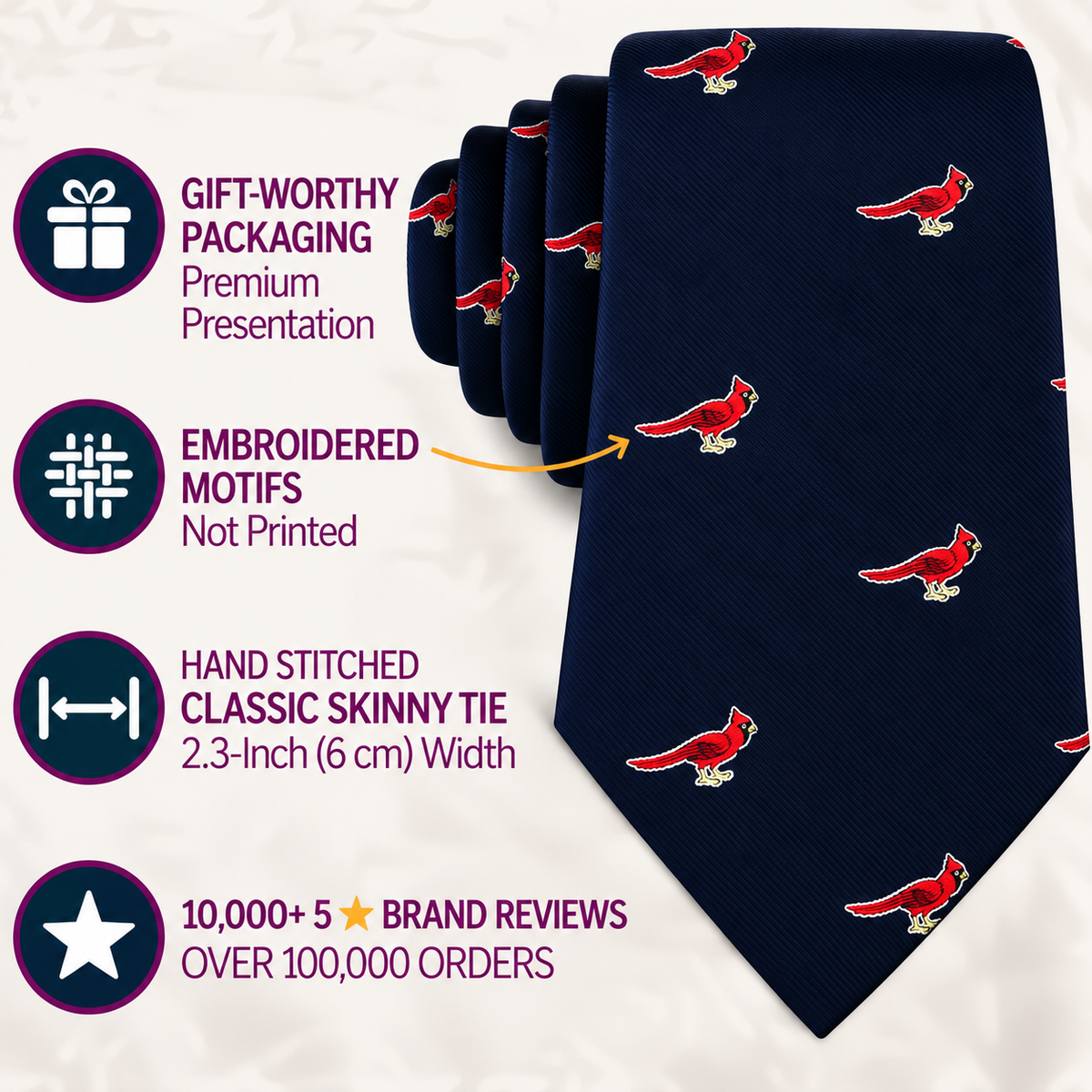 The Cardinal Bird Skinny Tie, featuring navy blue fabric and red embroidered cardinal motifs, is shown with text emphasizing its elegant gift packaging, detailed embroidery, expertly stitched skinny design, and the brand’s 10,000+ five-star reviews—making it an ideal choice for those who love wildlife-inspired style.