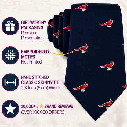 The Cardinal Bird Skinny Tie, featuring navy blue fabric and red embroidered cardinal motifs, is shown with text emphasizing its elegant gift packaging, detailed embroidery, expertly stitched skinny design, and the brand’s 10,000+ five-star reviews—making it an ideal choice for those who love wildlife-inspired style.
