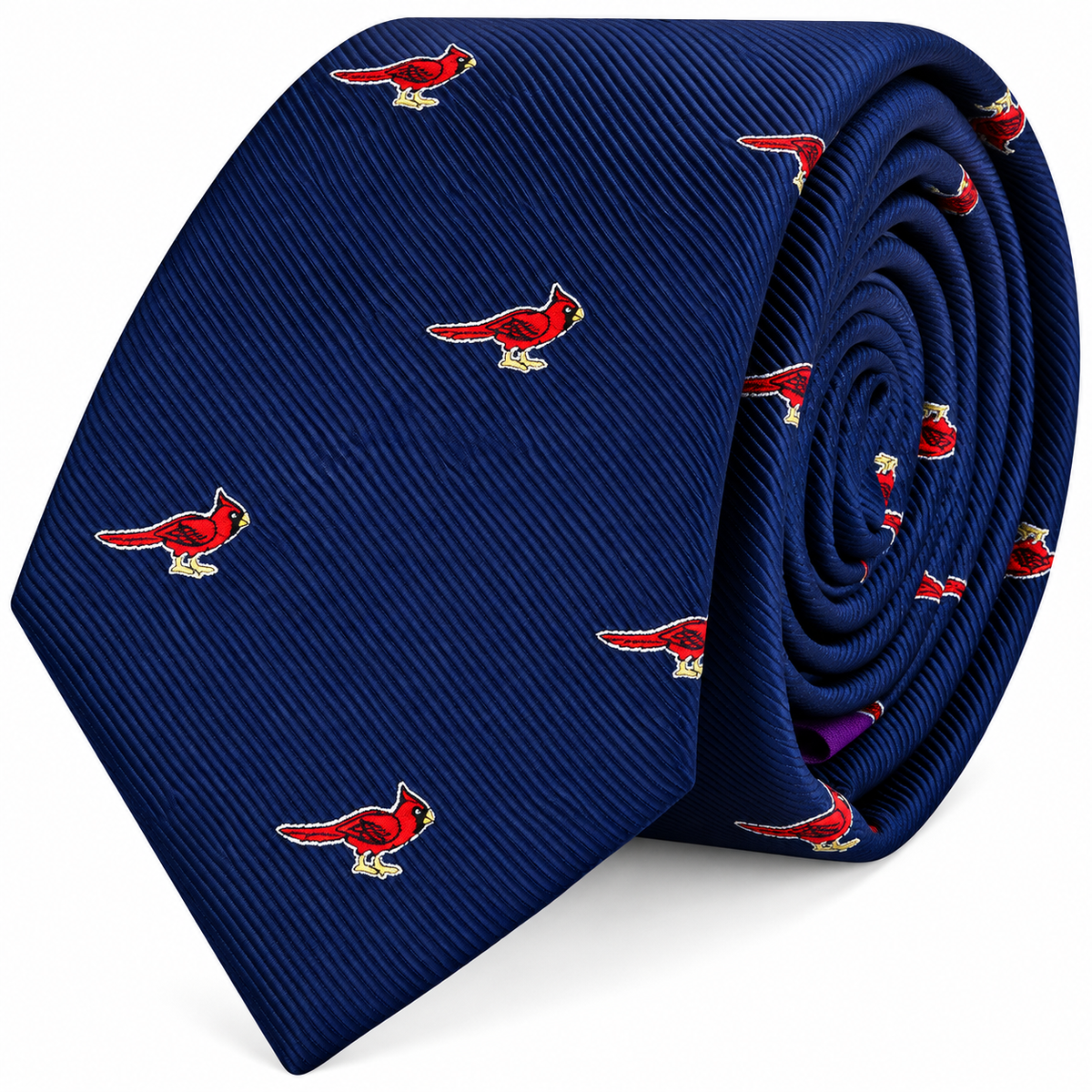 Introducing the Cardinal Bird Skinny Tie, a navy blue necktie featuring an embroidered pattern of small red cardinals throughout—perfect for adding a touch of wildlife-inspired style to any outfit.