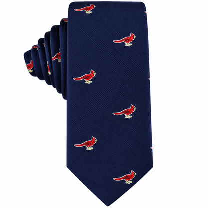 Add a touch of wildlife-inspired style to your wardrobe with the Cardinal Bird Skinny Tie, featuring a navy blue background adorned with a repeating pattern of red cardinal bird illustrations.