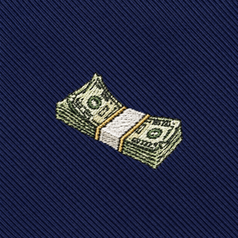 Add a playful flair to your collection with this Cash Skinny Tie, featuring an embroidered stack of dollar bills wrapped in a white band and displayed on dark blue, diagonally striped fabric—an ideal novelty necktie for cash enthusiasts.