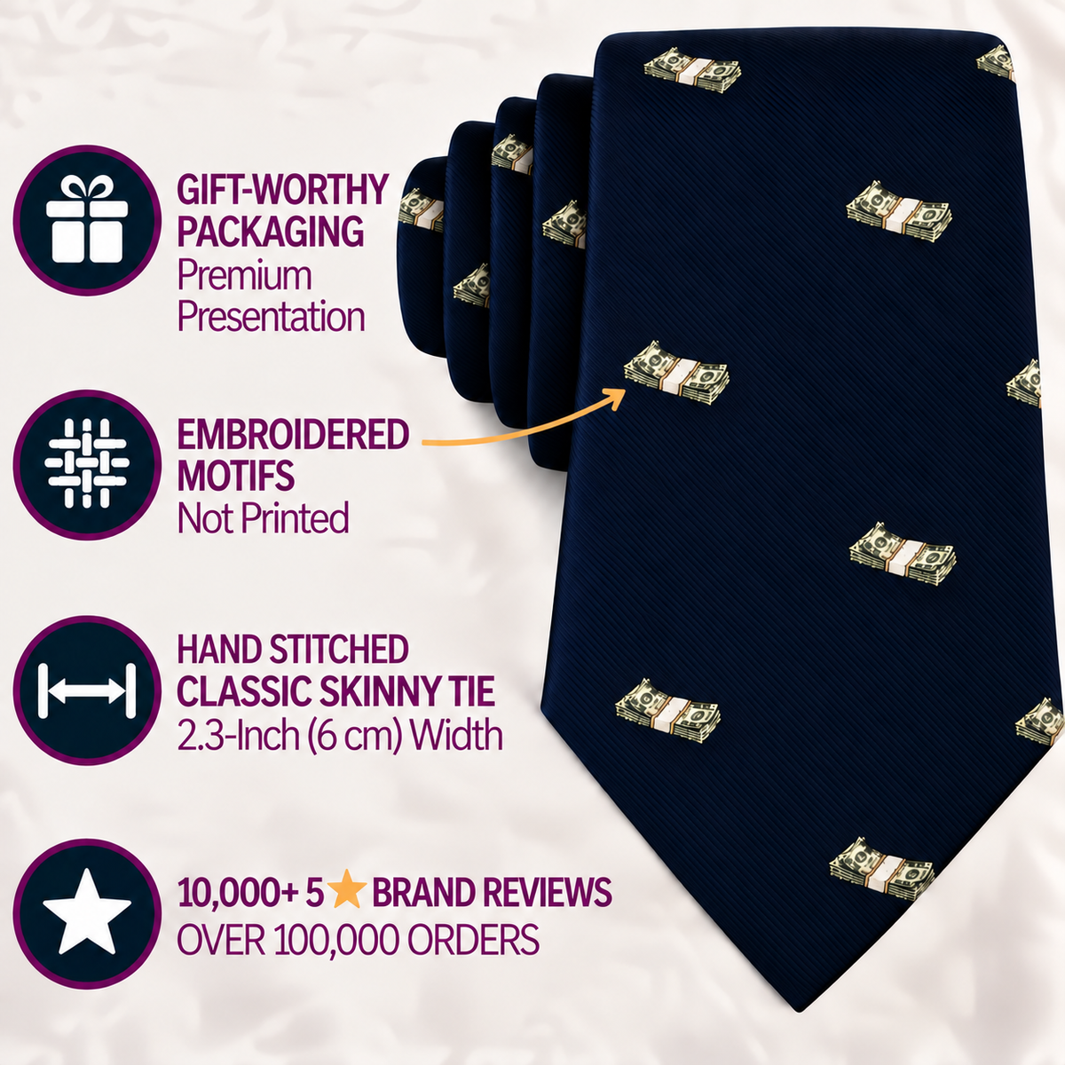 Cash Skinny Tie in navy blue, featuring embroidered dollar bill motifs, hand-stitched detailing, and presented in elegant gift packaging—earning positive reviews as the ideal novelty necktie for anyone who loves a money-themed accessory.