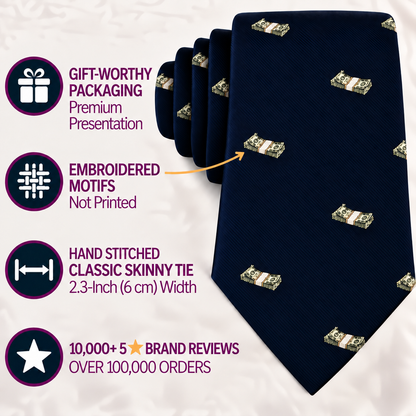 Cash Skinny Tie in navy blue, featuring embroidered dollar bill motifs, hand-stitched detailing, and presented in elegant gift packaging—earning positive reviews as the ideal novelty necktie for anyone who loves a money-themed accessory.