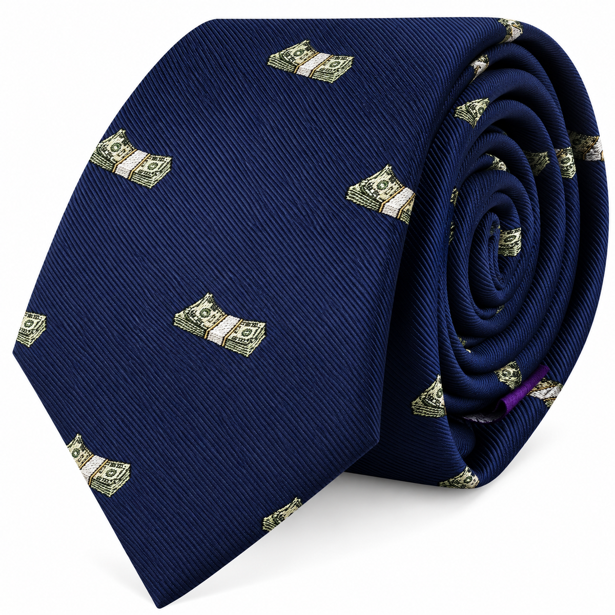 The Cash Skinny Tie is a navy blue novelty necktie adorned with small, embroidered stacks of dollar bills—a perfect money-themed accessory for adding playful sophistication to your look.