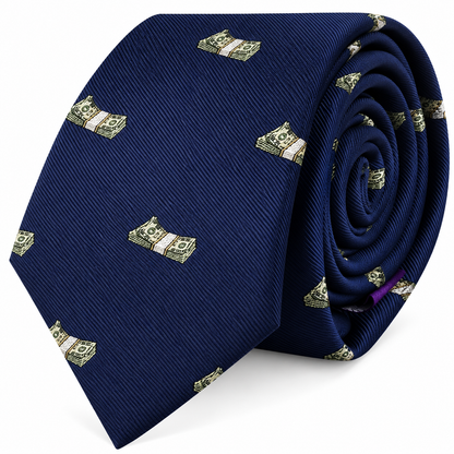 The Cash Skinny Tie is a navy blue novelty necktie adorned with small, embroidered stacks of dollar bills—a perfect money-themed accessory for adding playful sophistication to your look.