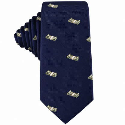 Cash Skinny Tie in navy blue, featuring a repeating small pattern of currency bills, displayed against a white background.