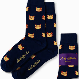 Men’s novelty socks featuring cat face print for fun and casual wear