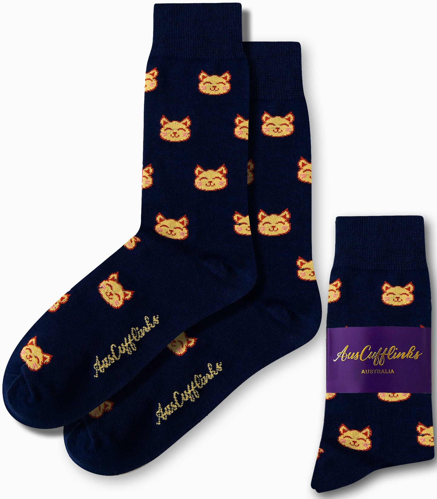 Men’s novelty socks featuring cat face print for fun and casual wear