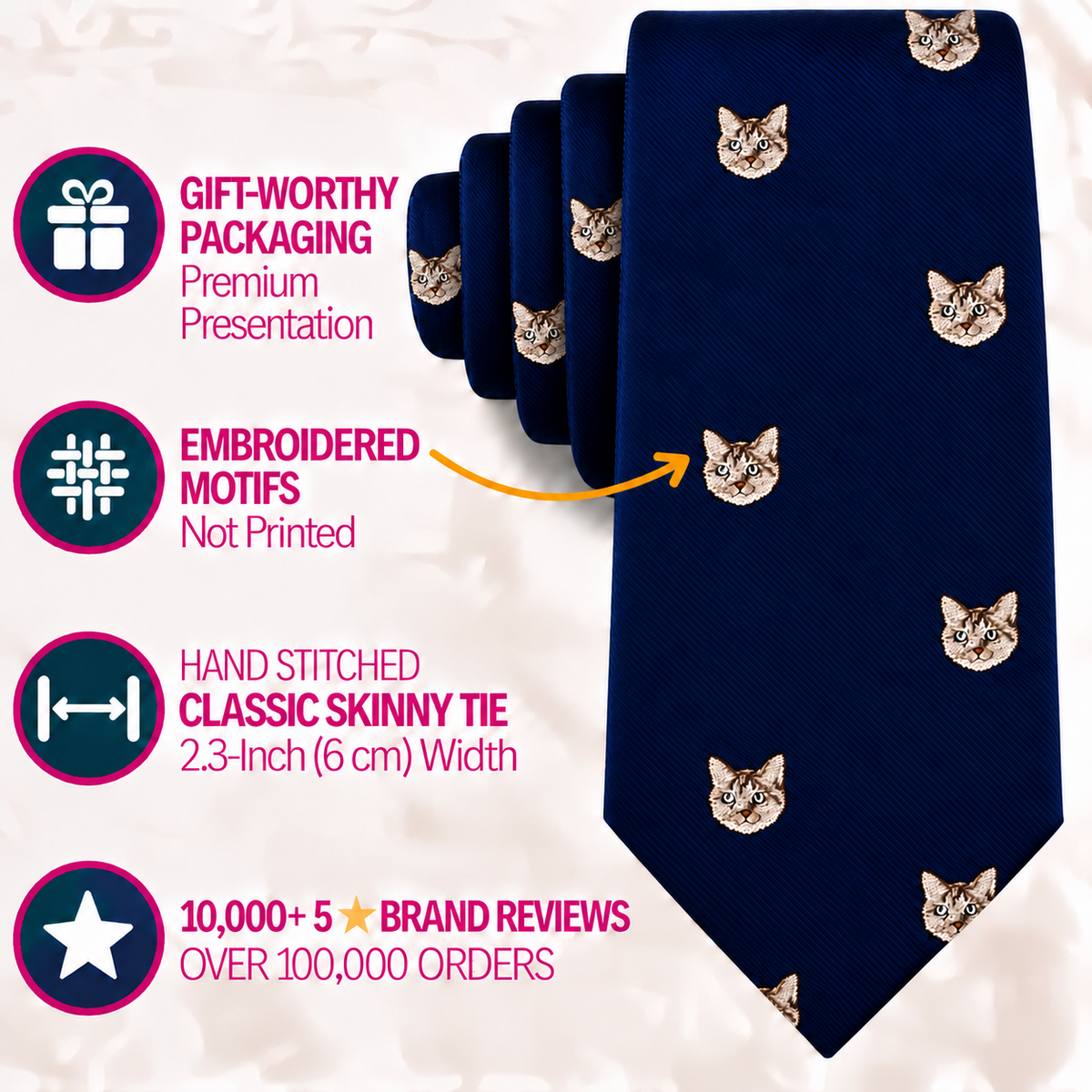A navy blue Cat Skinny Tie with embroidered cat faces, shown with its gift-worthy packaging, 2.3-inch width, and brand review statistics.