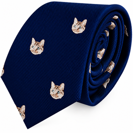 Navy blue Cat Skinny Tie featuring a repeating pattern of embroidered cat faces.