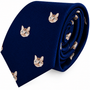 Navy blue Cat Skinny Tie featuring a repeating pattern of embroidered cat faces.