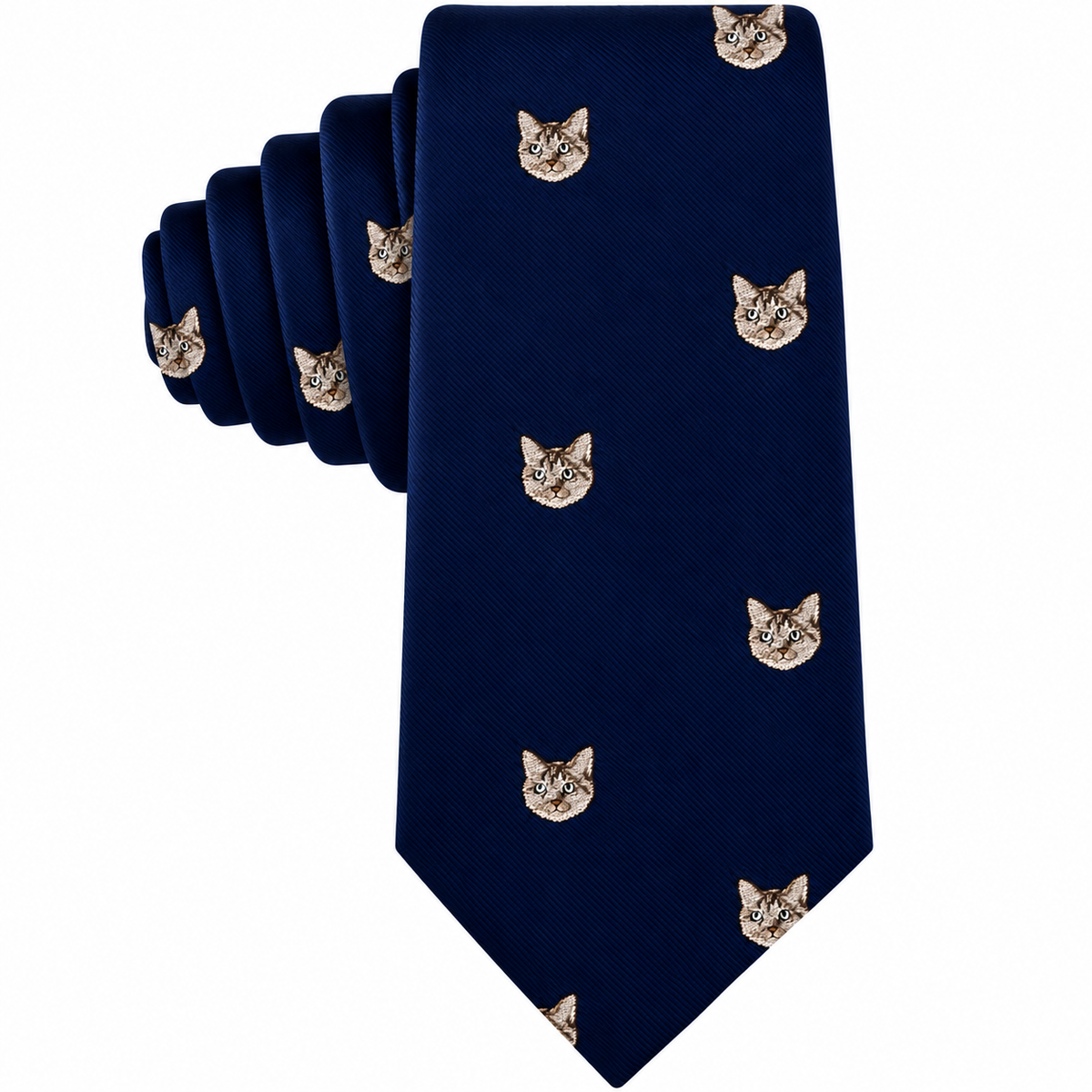 Cat Skinny Tie in navy blue with a repeating print of various cat faces.